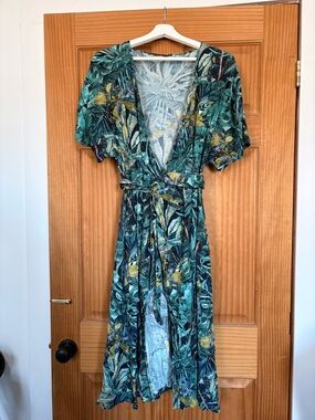 Tropical Teal Wrap Midi Dress with Waist Tie